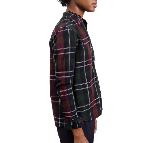 Trovata Birds of Paradis Caroline Ruffle Cuff Blouse Wine Navy Plaid Size Small - Picture 5 of 12